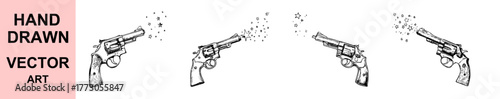 Hand drawn revolver gun with stars vector illustration, vintage firearm sketch art, magical shooting star weapon design, black and white fantasy pistol artwork