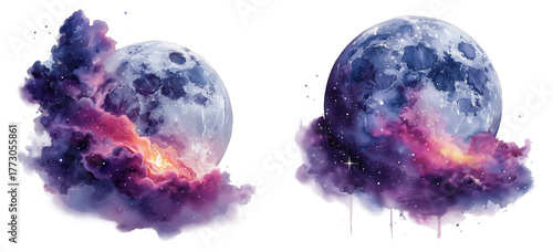 Watercolor full moon with cosmic nebula cloud in violet, pink, and blue tones, dreamy celestial sky illustration isolated on transparent background for fantasy or night theme design use