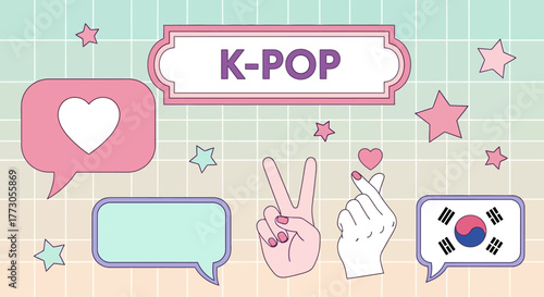 Vector illustration banner with South Korean pop culture symbols, including fan gestures and social media icons on a pastel grid background