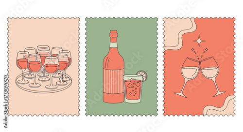 Illustrated collection of postage stamp designs featuring wine, cocktails, and celebratory toasts for social gatherings