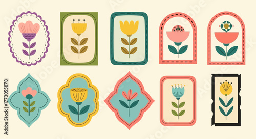 A charming collection of stylized folk art flowers in decorative frames, isolated vector elements
