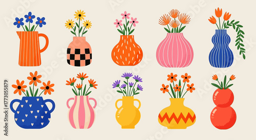 Fotografie A diverse collection of ten hand-drawn vases filled with colorful flowers, isolated floral elements