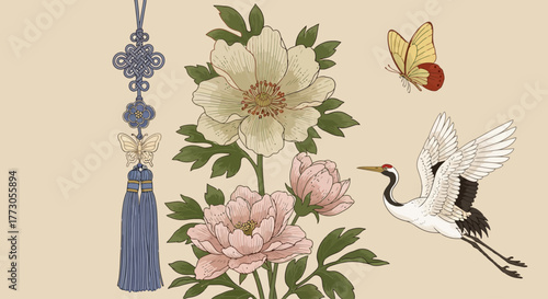 Elegant vintage-style illustration of traditional Korean symbols featuring a crane, peony flowers, and a norigae tassel