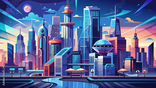 Very beautiful artificial intelligence powered futuristic smart city concept of Chicago, Illinois, USA, showcasing advanced architecture, glowing skyscrapers, digital technology, and innovation blendi