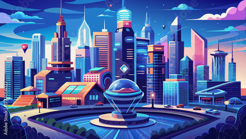 Very beautiful artificial intelligence powered futuristic smart city concept of Chicago, Illinois, USA, showcasing advanced architecture, glowing skyscrapers, digital technology, and innovation blendi