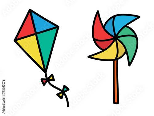 Colorful vector illustration featuring a diamond kite with a long tail and a brightly colored spinning pinwheel