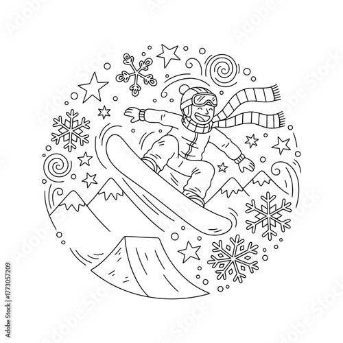Snowboard Kicker Jump – Kid Rider, Mountains and Snowflakes, Festive Line Art Coloring Page