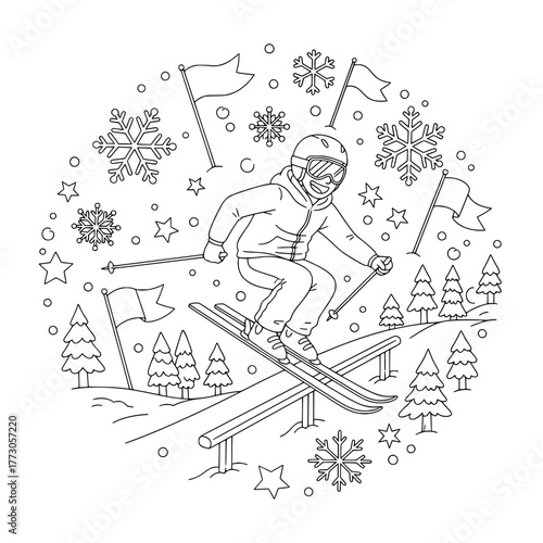 Freestyle Ski Rail Grind – Kid Athlete, Flags and Snowflakes, Winter Line Art Coloring Page