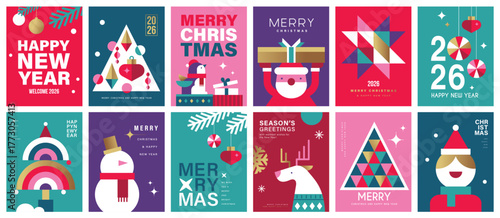 Set of Merry Christmas and Happy New Year 2026 vector illustration for greeting cards, posters, holiday covers in modern minimalist geometric style.
