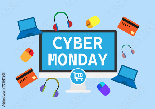 Cartel azul de ciber monday con pantalla de ordenador y tecnología