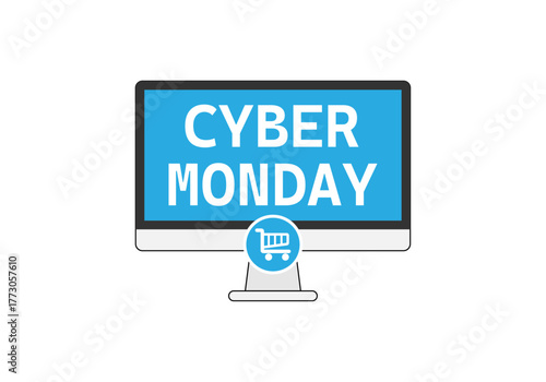 Pantalla de ordenador de cyber monday con botón azul de comprar 