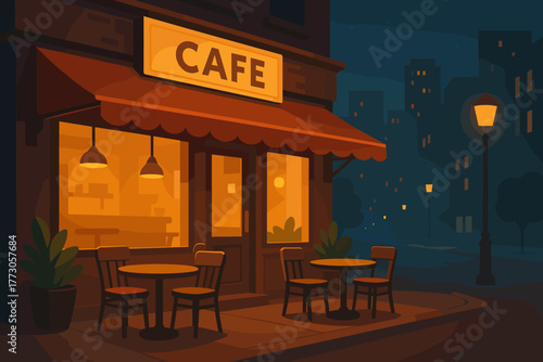 Cozy night scene at a cafe with warm lights and chairs on the street