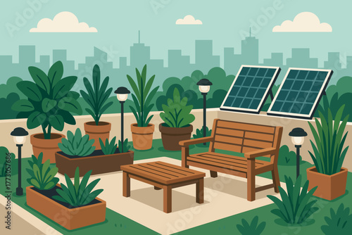 Urban rooftop garden featuring plants, seating area, and solar panels in a green city landscape
