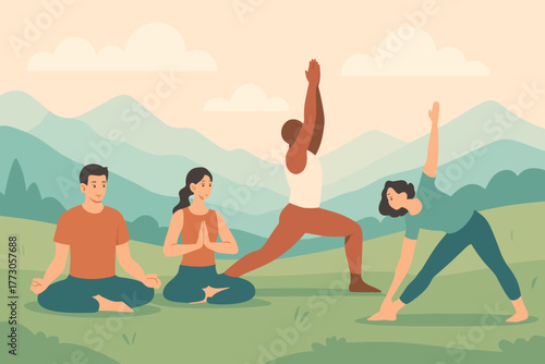 Yoga practice in a serene mountain setting with diverse individuals engaging in various poses