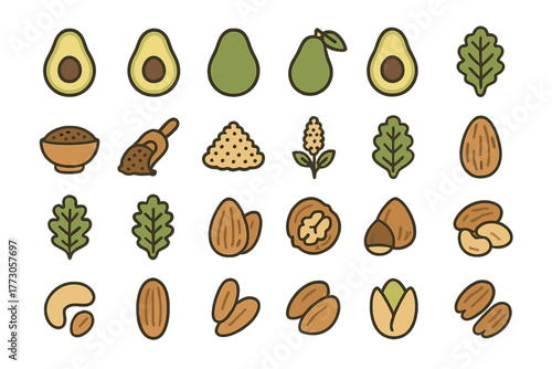 Variety of nuts and green foods in a colorful layout, showcasing healthy ingredients for meals and snacks