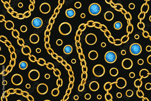 Gold chains and blue gems create an elegant pattern on a black background for a stylish design