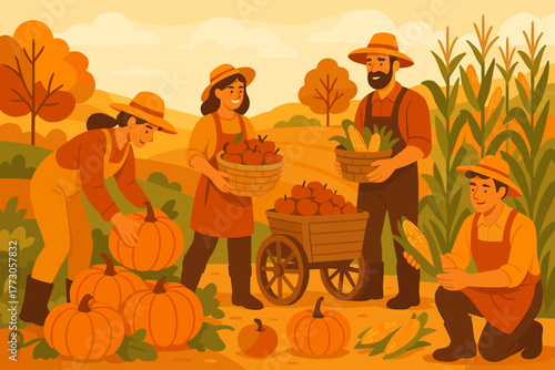 Harvesting pumpkins and corn on a sunny autumn day in the countryside