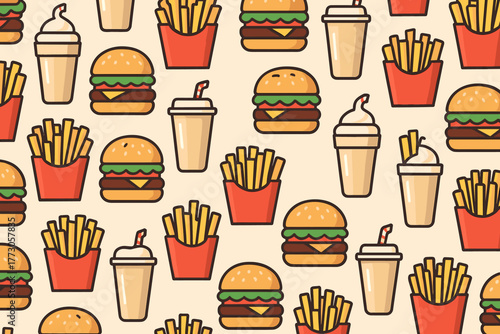 Fun and colorful pattern featuring burgers, fries, and drinks against a light background
