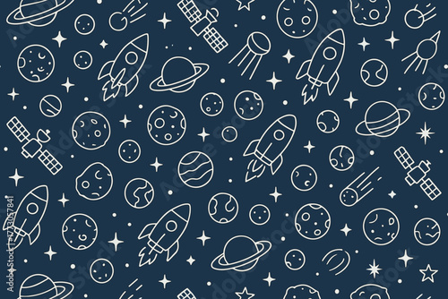 Space-themed pattern with rockets, planets, and stars on a dark background showcasing a fun cosmic design