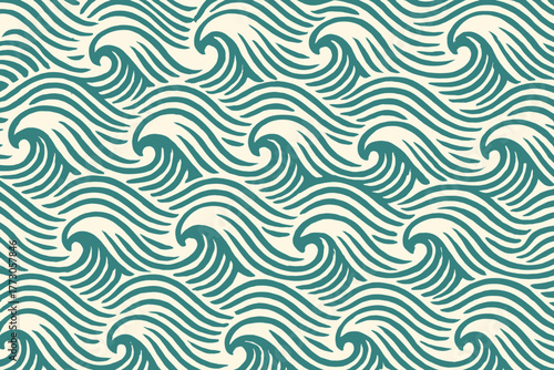 Stylized ocean waves pattern in teal and cream colors creating a soothing and rhythmic design