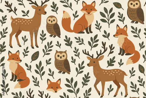 Pattern featuring woodland animals like deer, foxes, and owls surrounded by leaves in a natural setting