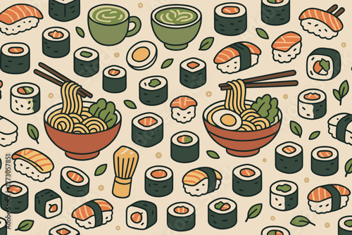 Colorful illustration of various Japanese dishes including sushi, ramen, and matcha tea with a playful design