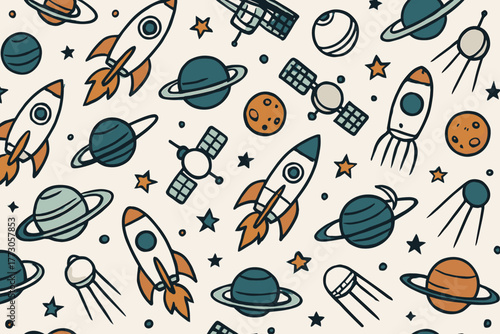 Colorful pattern of rockets and planets in outer space design for kids' room decor and educational materials