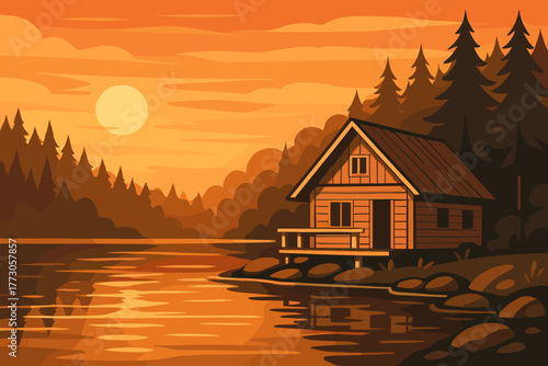 Scenic sunset view of a cozy wooden cabin by a peaceful lake surrounded by tall trees
