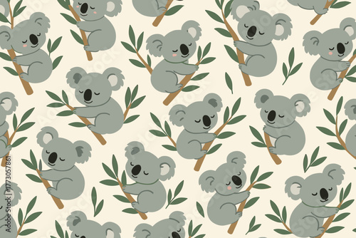 Cute koalas resting on eucalyptus branches in a playful pattern design suitable for children