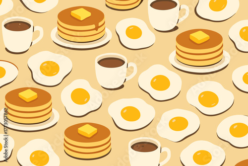 Breakfast scene featuring pancakes, eggs, and coffee on a patterned background