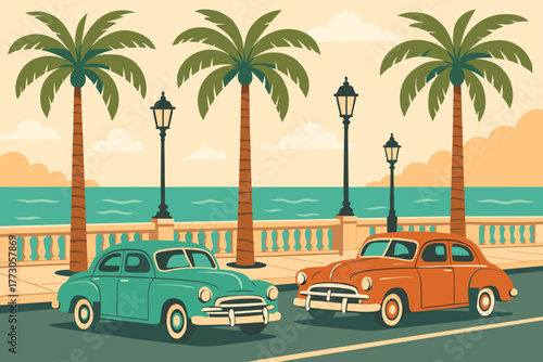 Classic cars parked along a scenic coastal street with palm trees and ocean views