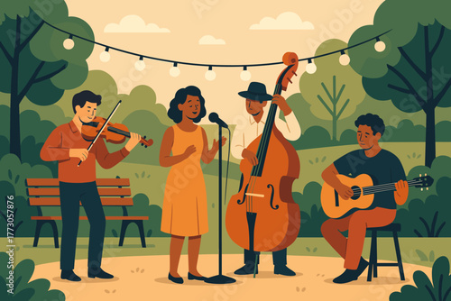 Musicians performing in a park during a warm day, surrounded by nature and soft lighting