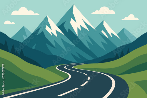 Scenic winding road through green hills leading to snow-capped mountains on a clear day with clouds