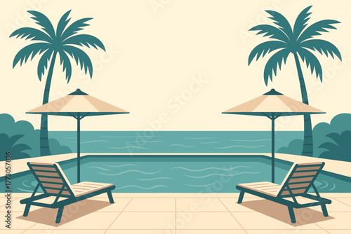 Relaxing poolside retreat with sun loungers and palm trees overlooking the ocean in a tropical paradise setting