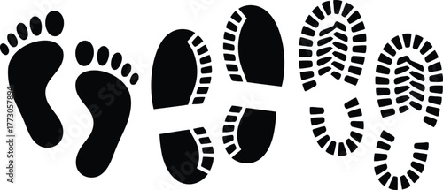 Footprint icons of bare feet and shoe tracks