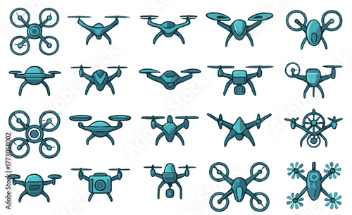 Various teal-colored drone designs showcasing different styles and features in a flat arrangement