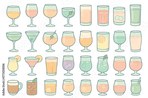 Collection of various colorful drinks displayed on a white background showcasing different glass styles