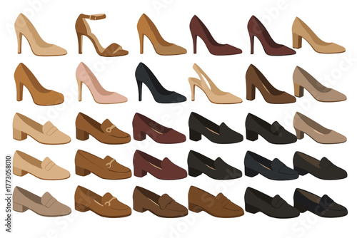 Variety of women's shoes displayed in different styles and colors for fashion inspiration