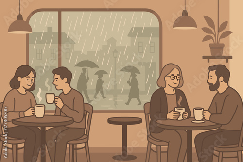 Friends enjoy coffee together while watching rain fall outside a cozy cafe