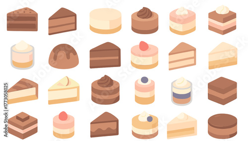 Variety of delicious cakes and desserts displayed on a flat surface in a visually appealing arrangement