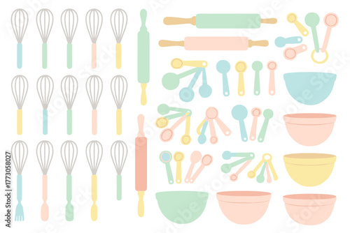 Colorful kitchen utensils arranged in a playful pattern for baking and cooking enthusiasts