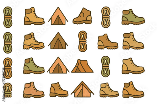 Camping gear and hiking equipment arranged in a colorful, simple pattern for outdoor adventures