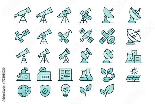 Collection of various telescope and satellite icons showcasing scientific equipment for astronomy and environmental monitoring