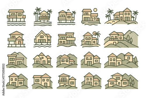 Diverse styles of houses on water and land surrounded by nature in a serene setting