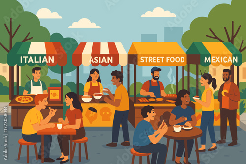 Colorful food market featuring varied cuisine from Italian to Mexican in a lively outdoor setting