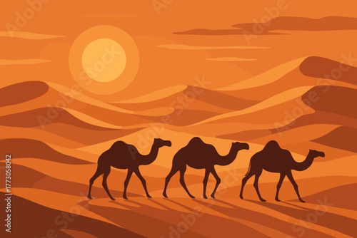 Three camels walking across desert dunes during sunset in warm hues of orange and yellow sky
