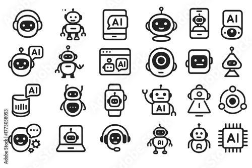 Collection of simple and playful AI robot illustrations showcasing various devices and interactions with technology