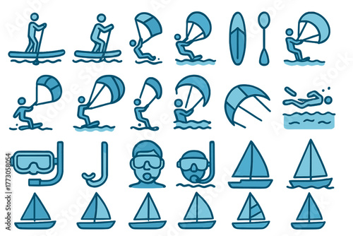 Various water sports icon set showcasing activities like surfing, kitesurfing, snorkeling, and sailing