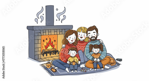 Family gathering around a warm fireplace