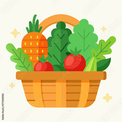 Freshly harvested vegetables and fruits in a woven basket with decorative sparkles